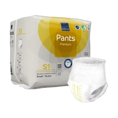 Abena premium pull-up pants next to packaging